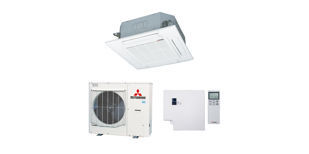 Mitsubishi Heavy Klimaanlage Geräte-Set Außen- und Kassettengerät FDC125VSA-W/FDT125VH,  inkl. Standardpaneel T-PSA-5BW-E sowie IR-Fernbedienung RCN-T-5BW-E2