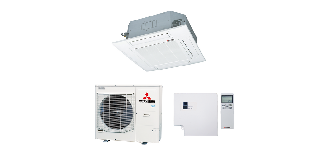 Mitsubishi Heavy Klimaanlage Geräte-Set Außen- und Kassettengerät FDC100VSA-W/FDT100VH,  inkl. Standardpaneel T-PSA-5BW-E sowie IR-Fernbedienung RCN-T-5BW-E2