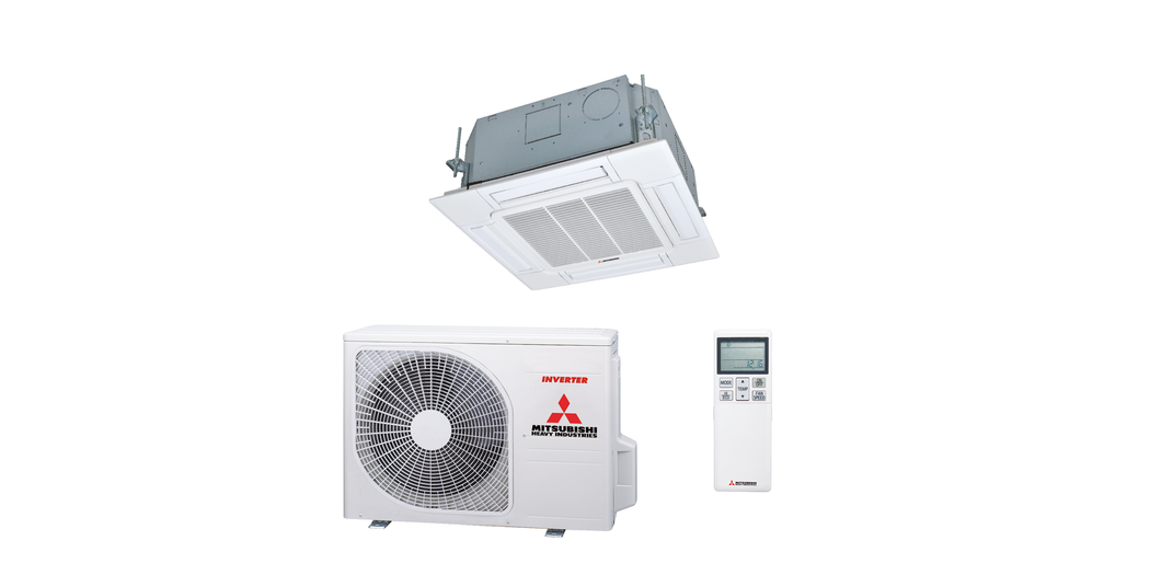 Mitsubishi Heavy Split Klimaanlage Geräte-Set Außen- und Euroraster-Kassettengerät SRC35ZS-W2/FDTC35VH1 inkl. Standardpaneel TC-PSAG-5AW-E sowie IR-Fernbedienung RCN-TC-5-AW-E3