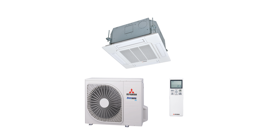 Mitsubishi Heavy Split Klimaanlage Geräte-Set Außen- und Euroraster-Kassettengerät SRC40ZSX-W1/FDTC40VH inkl. Standardpaneel TC-PSAG-5AW-E sowie IR-Fernbedienung RCN-TC-5AW-E3