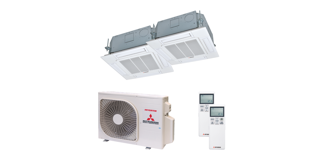 Mitsubishi Heavy Multisplit Klimaanlage Geräte-Set Außen- und Euroraster-Kassettengerät SCM45ZS-W/ 2x FDTC25VH1 inkl. Standardpaneel TC-PSAG-5AW-E sowie IR-Fernbedienung RCN-TC-5AW-E3