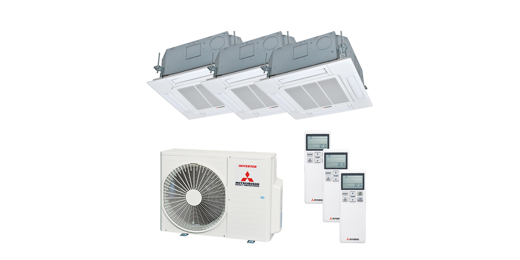 Mitsubishi Heavy Multisplit Klimaanlage Geräte-Set Außen- und Euroraster-Kassettengerät SCM50ZS-W/1x FDTC25VH1 und  2x FDTC35VH1 inkl. Standardpaneel TC-PSAG-5AW-E sowie IR-Fernbedienung RCN-TC-5AW-E3