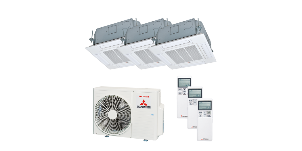 Mitsubishi Heavy Multisplit Klimaanlage Geräte-Set Außen- und Euroraster-Kassettengerät SCM60ZS-W/ 1x FDTC25VH1 und 2x FDTC35VH1 inkl. Standardpaneel TC-PSAG-5AW-E sowie IR-Fernbedienung RCN-TC-5AW-E3