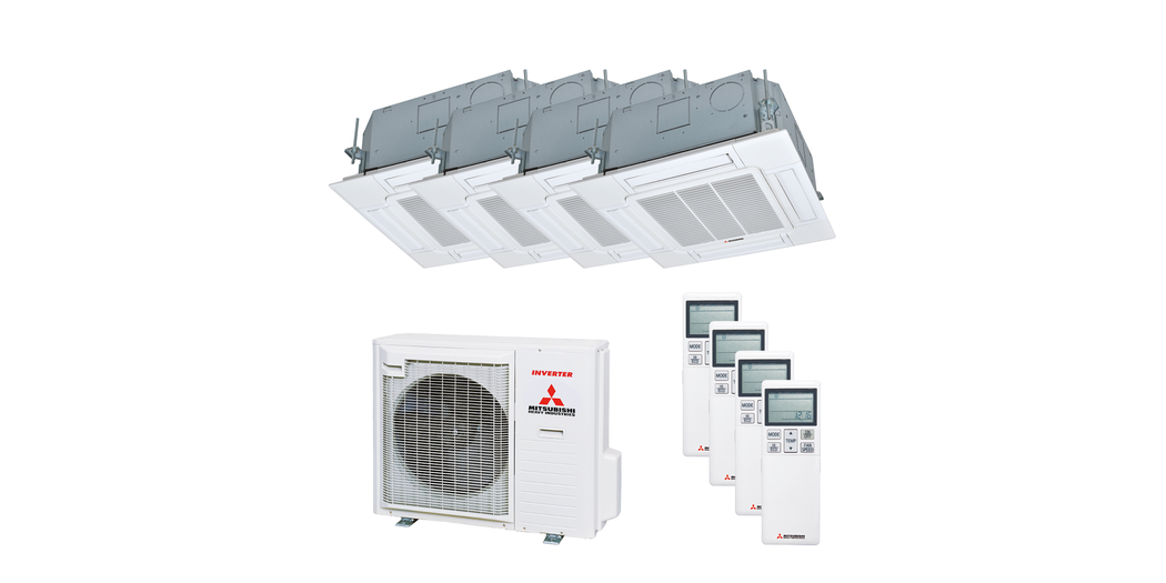 Mitsubishi Heavy Multisplit Klimaanlage Geräte-Set Außen- und Euroraster-Kassettengerät SCM71ZS-W/4x FDTC25VH1 inkl. Standardpaneel TC-PSAG-5AW-E sowie IR-Fernbedienung RCN-TC-5AW-E3