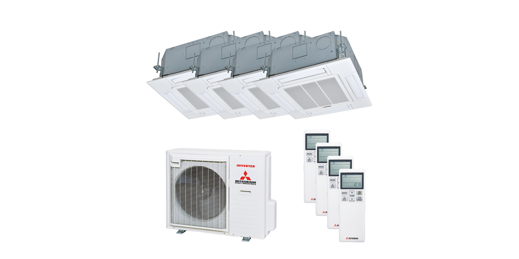 Mitsubishi Heavy Multisplit Klimaanlage Geräte-Set Außen- und Euroraster-Kassettengerät SCM80ZS-W/3x FDTC25VH1 und FDTC35VH1 inkl. Standardpaneel TC-PSAG-5AW-E sowie IR-Fernbedienung RCN-TC-5AW-E3