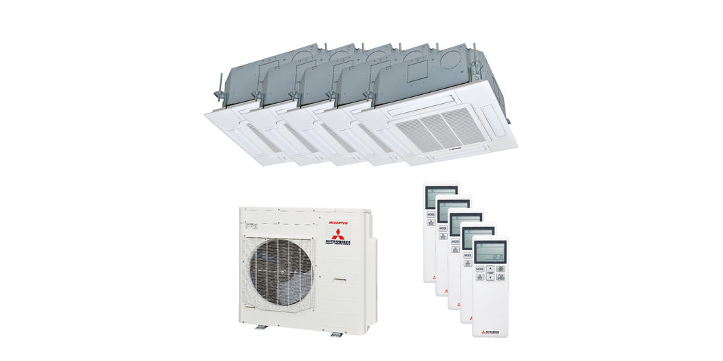 Mitsubishi Heavy Multisplit Klimaanlage Geräte-Set Außen- und Euroraster-Kassettengerät SCM100ZS-W/4 x FDTC25VH1 und 1 x FDTC35VH1 inkl. Standardpaneel TC-PSAG-5AW-E sowie IR-Fernbedienung RCN-TC-5AW-E3