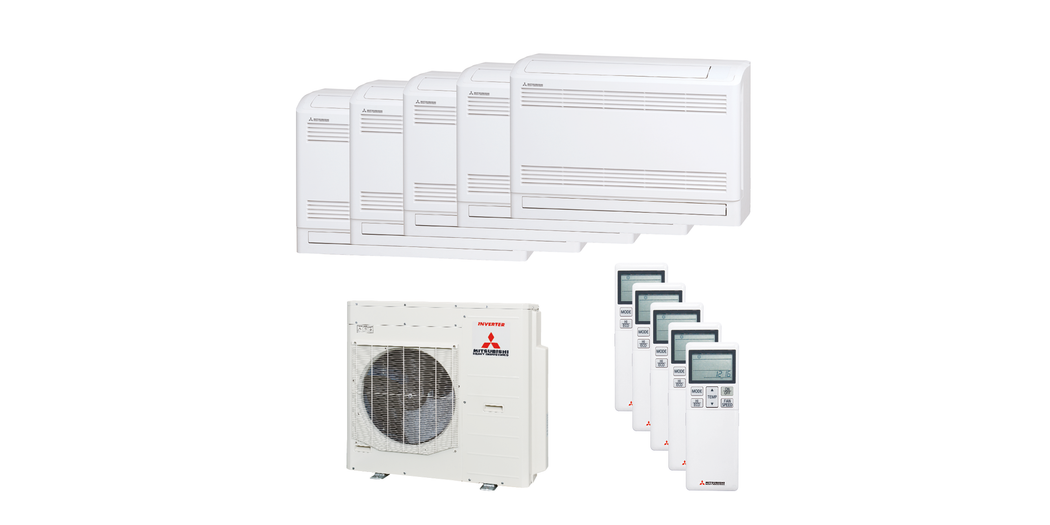 Mitsubishi Heavy Multisplit-Klimaanlage Geräte-Set Außen- und Truhengerät SCM100ZS-W/2x SRF25ZS-W und 3x SRF35ZS-W