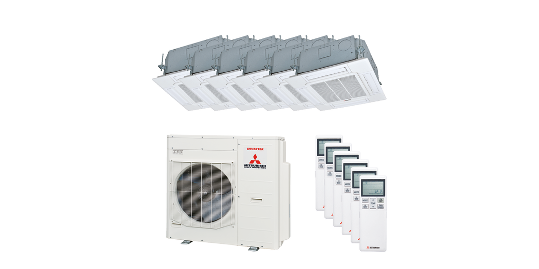 Mitsubishi Heavy Multisplit Klimaanlage Geräte-Set Außen- und Euroraster-Kassettengerät SCM125ZM-S/4x FDTC25VH1, 2x FDTC35VH1, inkl. Standardpaneel TC-PSAG-5AW-E sowie IR-Fernbedienung RCN-TC-5AW-E3