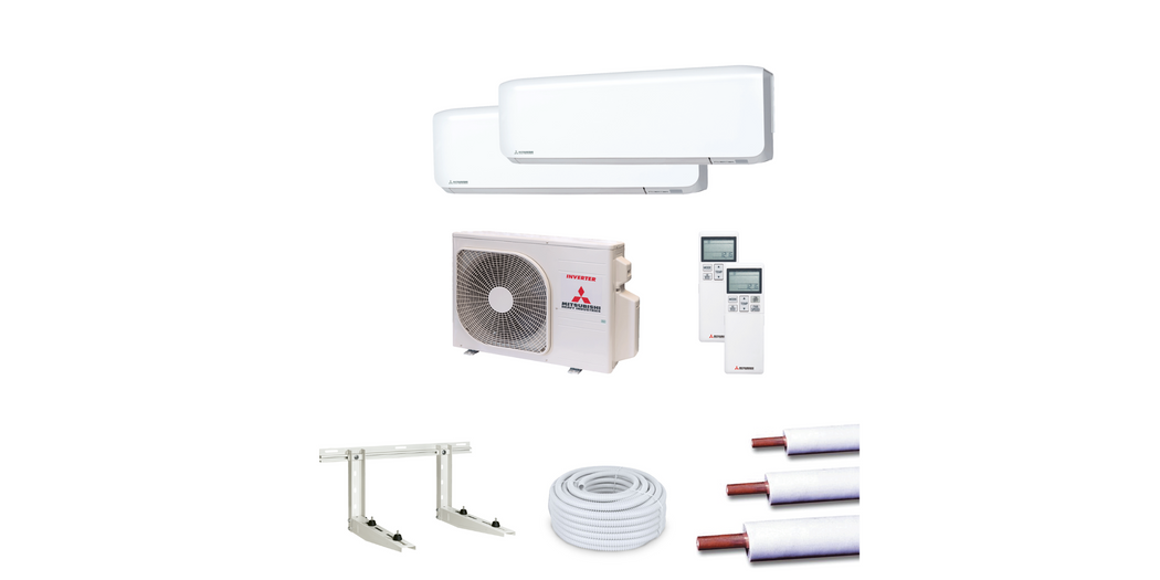 Mitsubishi Heavy Multisplit Klimaanlage Komplett Set Außen- und Wandgerät SCM40ZS-W/2x SRK20ZS-WF, Kupferrohrleitungen, Spiralschlauch und Wandkonsole
